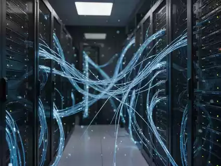Moderne Serverinfrastruktur mit blau leuchtenden Glasfaserkabeln in einem dunklen Rechenzentrum. - Foto: über boerse-global.de