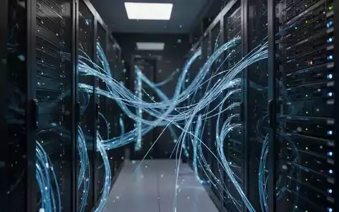 Moderne Serverinfrastruktur mit blau leuchtenden Glasfaserkabeln in einem dunklen Rechenzentrum. - Foto: über boerse-global.de