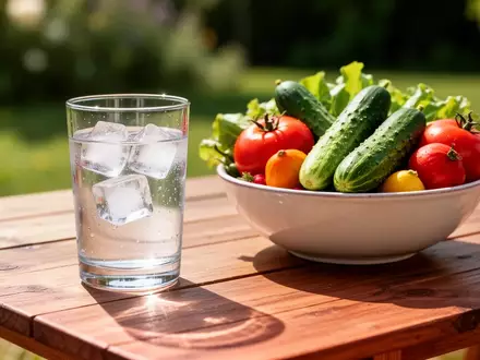 Ein Glas Wasser mit Eiswürfeln und eine Schüssel mit frischem Sommergemüse auf einem Holztisch bei hellem Tageslicht. - Foto: über boerse-global.de