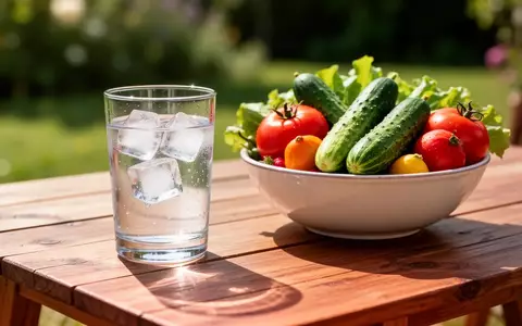 Ein Glas Wasser mit Eiswürfeln und eine Schüssel mit frischem Sommergemüse auf einem Holztisch bei hellem Tageslicht. - Foto: über boerse-global.de