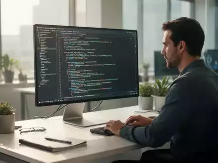 Ein Softwareentwickler arbeitet an einem modernen Arbeitsplatz an komplexem Programmcode auf einem Monitor. - Foto: über boerse-global.de