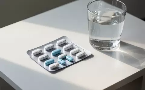 Eine Blisterpackung mit medizinischen Tabletten liegt neben einem Glas Wasser auf einem hellen, minimalistischen Schreibtisch. - Foto: über boerse-global.de