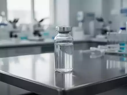 Ein gläsernes medizinisches Fläschchen auf einem sterilen Labortisch in einer modernen Forschungsumgebung. - Foto: über boerse-global.de