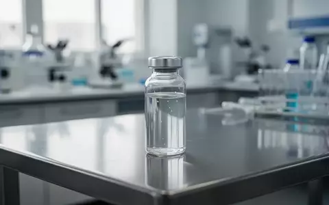 Ein gläsernes medizinisches Fläschchen auf einem sterilen Labortisch in einer modernen Forschungsumgebung. - Foto: über boerse-global.de
