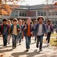 Schülerinnen und Schüler auf dem Weg zum Schulgebäude an einem sonnigen Morgen. - Foto: über boerse-global.de