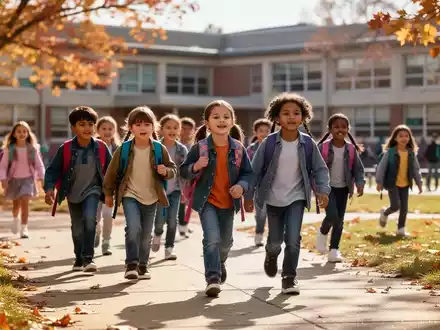 Schülerinnen und Schüler auf dem Weg zum Schulgebäude an einem sonnigen Morgen. - Foto: über boerse-global.de