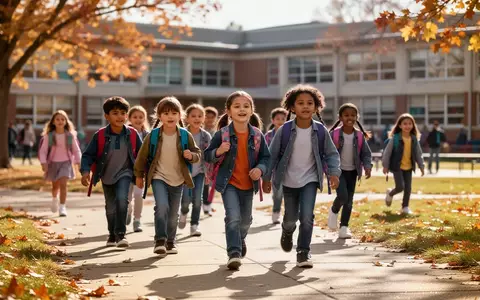 Schülerinnen und Schüler auf dem Weg zum Schulgebäude an einem sonnigen Morgen. - Foto: über boerse-global.de