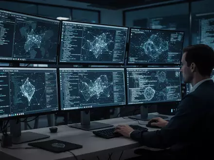 Ein Analyst arbeitet an einem modernen Arbeitsplatz in einem Cyber-Sicherheitszentrum mit komplexen Datenvisualisierungen. - Foto: über boerse-global.de