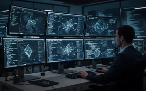 Ein Analyst arbeitet an einem modernen Arbeitsplatz in einem Cyber-Sicherheitszentrum mit komplexen Datenvisualisierungen. - Foto: über boerse-global.de