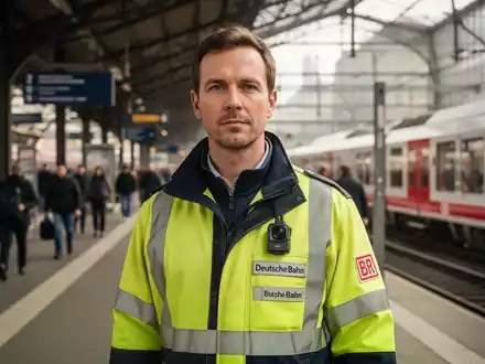 Mitarbeiter der Deutschen Bahn mit Bodycam auf einem belebten Bahnhofsbahnsteig. - Foto: über boerse-global.de