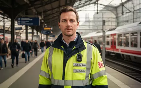 Mitarbeiter der Deutschen Bahn mit Bodycam auf einem belebten Bahnhofsbahnsteig. - Foto: über boerse-global.de