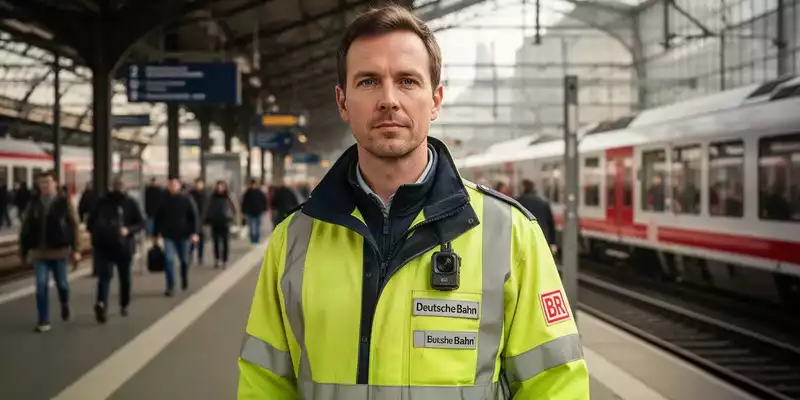 Mitarbeiter der Deutschen Bahn mit Bodycam auf einem belebten Bahnhofsbahnsteig. - Foto: über boerse-global.de