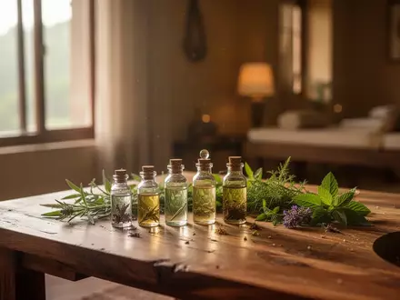 Ein Tisch in einem ayurvedischen Gesundheitszentrum mit medizinischen Ölen und Kräutern in einer ruhigen, hellen Umgebung. - Foto: über boerse-global.de