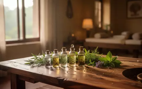 Ein Tisch in einem ayurvedischen Gesundheitszentrum mit medizinischen Ölen und Kräutern in einer ruhigen, hellen Umgebung. - Foto: über boerse-global.de