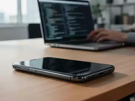 Ein modernes Smartphone liegt auf einem Schreibtisch vor einem unscharfen Laptop-Bildschirm mit Programmcode. - Foto: über boerse-global.de
