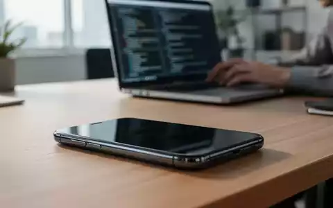 Ein modernes Smartphone liegt auf einem Schreibtisch vor einem unscharfen Laptop-Bildschirm mit Programmcode. - Foto: über boerse-global.de