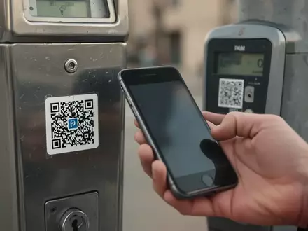 Ein Smartphone wird neben einem Parkscheinautomaten mit einem aufgeklebten QR-Code gehalten. - Foto: über boerse-global.de
