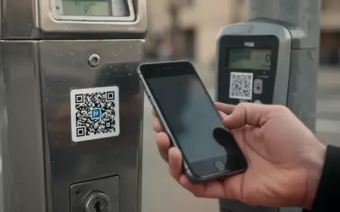 Ein Smartphone wird neben einem Parkscheinautomaten mit einem aufgeklebten QR-Code gehalten. - Foto: über boerse-global.de
