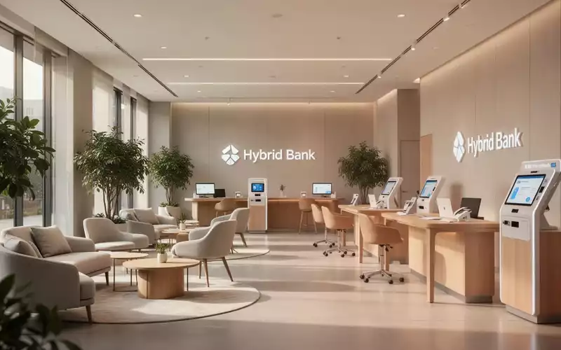 Modernes, offenes Interieur einer hybriden Bankfiliale mit Lounge-Bereichen und Beratungsplätzen in heller, freundlicher Atmosphäre. - Foto: über boerse-global.de