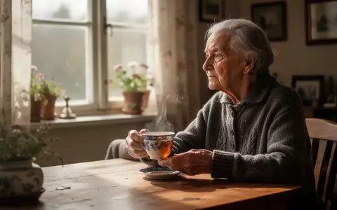 Eine ältere Person sitzt nachdenklich an einem sonnendurchfluteten Holztisch und hält eine Teetasse in der Hand. - Foto: über boerse-global.de