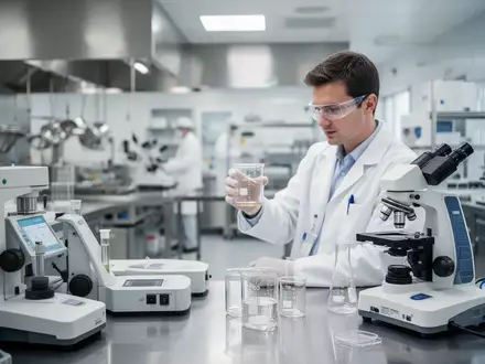 Ein Wissenschaftler in einem modernen Lebensmittellabor prüft eine Probe in einem Becherglas. - Foto: über boerse-global.de