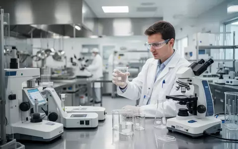 Ein Wissenschaftler in einem modernen Lebensmittellabor prüft eine Probe in einem Becherglas. - Foto: über boerse-global.de