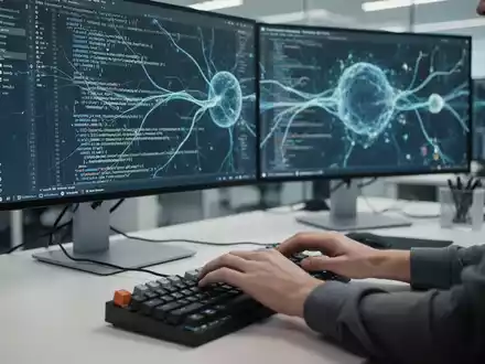Ein Softwareentwickler arbeitet an einem modernen Arbeitsplatz mit komplexen Code-Visualisierungen auf dem Bildschirm. - Foto: über boerse-global.de