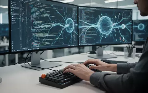 Ein Softwareentwickler arbeitet an einem modernen Arbeitsplatz mit komplexen Code-Visualisierungen auf dem Bildschirm. - Foto: über boerse-global.de