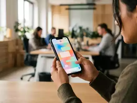Nahaufnahme einer Person, die ein Smartphone mit individualisiertem Chat-Hintergrund in einem hellen Büro hält. - Foto: über boerse-global.de