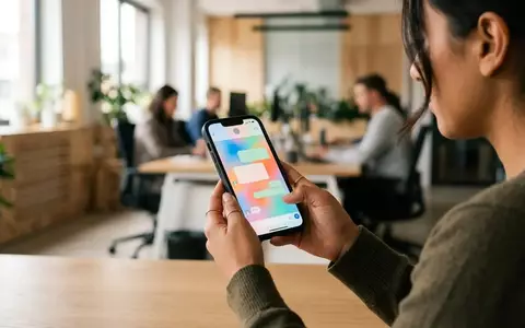 Nahaufnahme einer Person, die ein Smartphone mit individualisiertem Chat-Hintergrund in einem hellen Büro hält. - Foto: über boerse-global.de