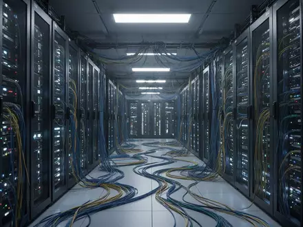 Reihen von Server-Racks in einem modernen Rechenzentrum mit komplexer Verkabelung und kühler Beleuchtung. - Foto: über boerse-global.de