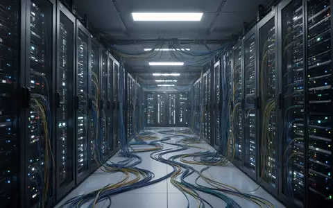 Reihen von Server-Racks in einem modernen Rechenzentrum mit komplexer Verkabelung und kühler Beleuchtung. - Foto: über boerse-global.de