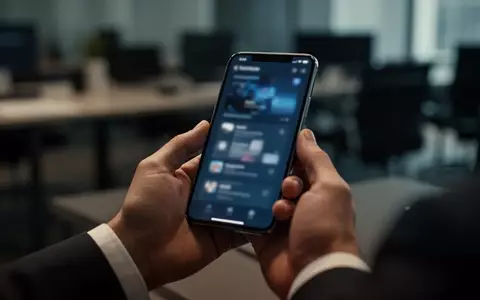 Nahaufnahme einer Hand, die ein Smartphone hält, während im Hintergrund ein unscharfer, professioneller Büroarbeitsplatz zu sehen ist. - Foto: über boerse-global.de
