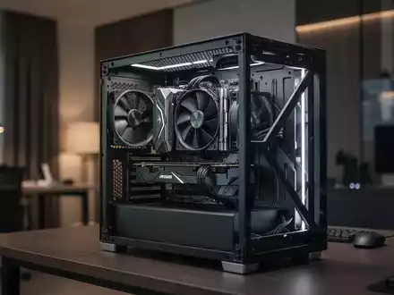 Eine leistungsstarke Grafikkarte in einem offenen PC-Gehäuse in einem modern beleuchteten Arbeitszimmer. - Foto: über boerse-global.de