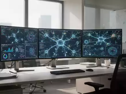 Ein moderner, aufgeräumter Büroarbeitsplatz mit mehreren Monitoren, die abstrakte Datenvisualisierungen zeigen. - Foto: über boerse-global.de