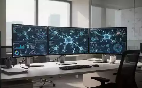 Ein moderner, aufgeräumter Büroarbeitsplatz mit mehreren Monitoren, die abstrakte Datenvisualisierungen zeigen. - Foto: über boerse-global.de