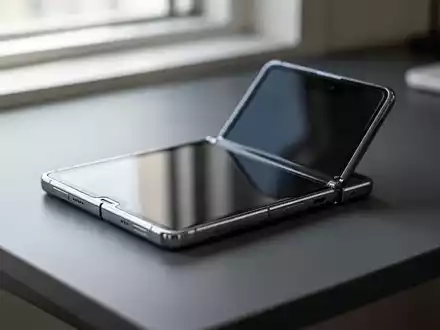 Ein modernes faltbares Smartphone liegt auf einem Schreibtisch und symbolisiert mobile Sicherheit und Software-Updates. - Foto: über boerse-global.de
