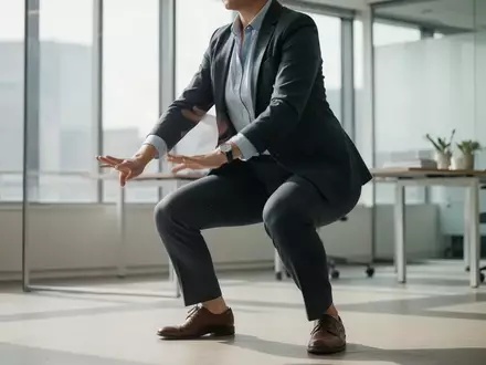 Eine Person in Business-Kleidung macht eine Kniebeuge in einem hellen, modernen Büro. - Foto: über boerse-global.de