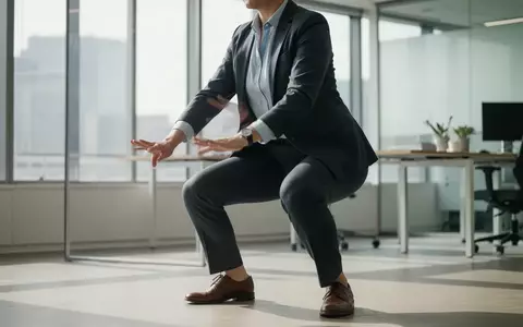 Eine Person in Business-Kleidung macht eine Kniebeuge in einem hellen, modernen Büro. - Foto: über boerse-global.de