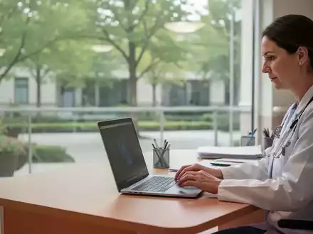 Eine Pflegekraft arbeitet an einem Laptop in einem modernen, hellen Büro einer Pflegeeinrichtung. - Foto: über boerse-global.de