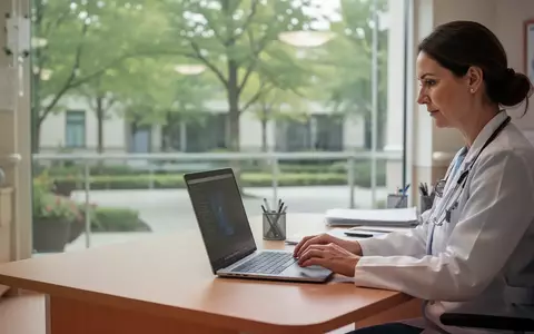 Eine Pflegekraft arbeitet an einem Laptop in einem modernen, hellen Büro einer Pflegeeinrichtung. - Foto: über boerse-global.de