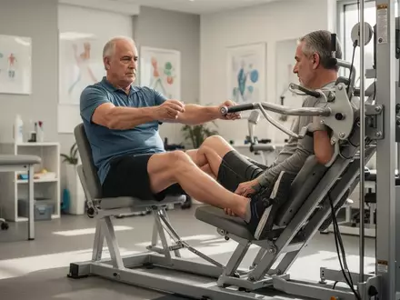 Ein Patient führt in einer modernen Physiotherapiepraxis gelenkschonende Kraftübungen an einem Rehabilitationsgerät durch. - Foto: über boerse-global.de
