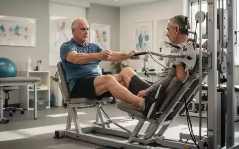 Ein Patient führt in einer modernen Physiotherapiepraxis gelenkschonende Kraftübungen an einem Rehabilitationsgerät durch. - Foto: über boerse-global.de
