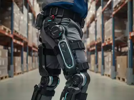 Ein Arbeiter trägt ein modernes Hüft-Exoskelett zur ergonomischen Unterstützung in einer Industrieumgebung. - Foto: über boerse-global.de
