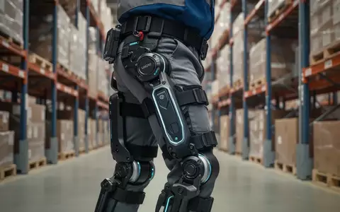 Ein Arbeiter trägt ein modernes Hüft-Exoskelett zur ergonomischen Unterstützung in einer Industrieumgebung. - Foto: über boerse-global.de