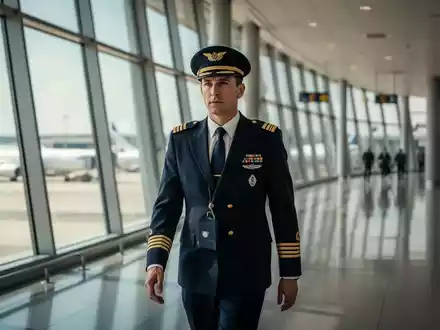 Ein Pilot in Uniform geht durch ein helles Flughafenterminal mit Blick auf parkende Flugzeuge im Hintergrund. - Foto: über boerse-global.de