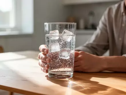 Ein Glas mit kohlensäurehaltigem Mineralwasser und Eiswürfeln steht auf einem Holztisch in hellem, natürlichem Licht. - Foto: über boerse-global.de