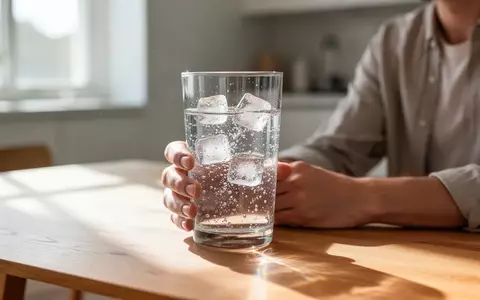 Ein Glas mit kohlensäurehaltigem Mineralwasser und Eiswürfeln steht auf einem Holztisch in hellem, natürlichem Licht. - Foto: über boerse-global.de