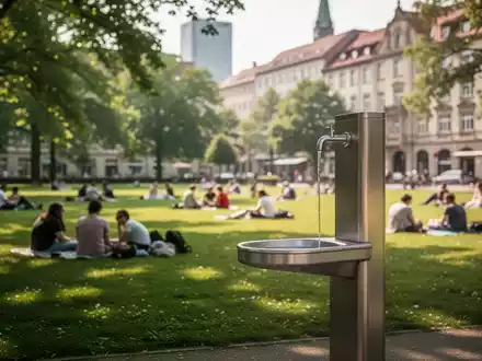 Menschen entspannen in einer grünen Parkanlage in Augsburg bei sommerlichem Licht neben einem Trinkwasserbrunnen. - Foto: über boerse-global.de