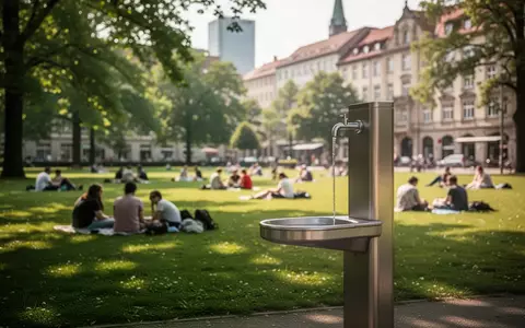Menschen entspannen in einer grünen Parkanlage in Augsburg bei sommerlichem Licht neben einem Trinkwasserbrunnen. - Foto: über boerse-global.de